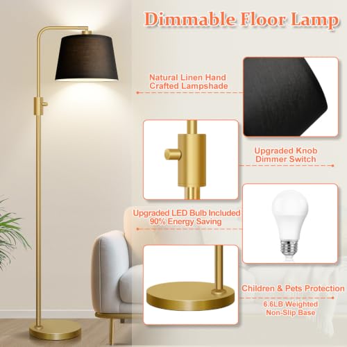 Image of Nintiue Dimmable Gold Floor Lamp, 1000 LM LED Edison Bulb Included, Arc Floor Lamps for Living Room with Black Shade, Modern Standing Lamp Tall Lamps for Living Room Bedroom