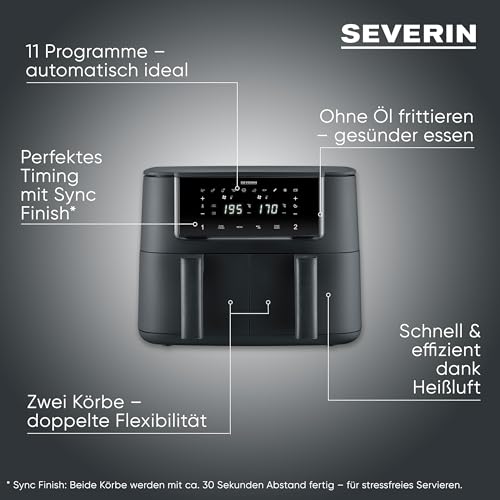 Severin Heißluftfritteuse Dual Zone, 2x4L Fächer, vielseitige Zubereitung, Touch-Display, Warmhaltefunktion, Temperatureinstellung synchronisierbar, 10 Programme, 2600W, Black Line, schwarz, FR 2463 2