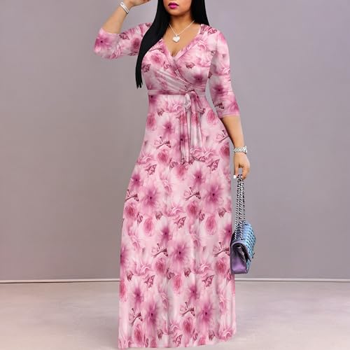 Image of SUZONANA Plus Size Dresses for Curvy Women Floral Print Maxi Dress Bodycon Wrap Boho 3 /4 Sleeve Long Dressy with Belt Wedding Guest Pink L