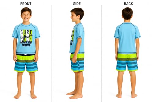 Image of Quad Seven Boys 2-Piece Rash Guard Swimsuit Set Short-Sleeve (Sizes 5-12) | Lightweight Quick-Dry Fabric with Sun Protection, Matching Top & Trunks, Adjustable Drawstring Waist for Pool or Beach Days