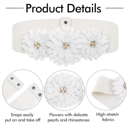 Flower Belt Wide Women Stretchy White Belt Elastic Rhinestone Belts Jewelry Accessories for Dress3