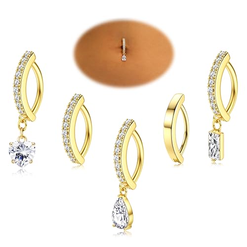 FIBO STEEL 14K Gold Plated Belly Button Ring for Women 316L Surgical Steel Dangle Belly Button Ring Pink Heart Navel Rings Barbell CZ Clicker Belly Piercings Jewelry Dangly 14G