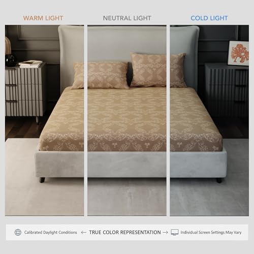 Image of BLISSHOME Everlast 150TC King Size Fitted Bedsheet with 2 Pillow Covers, Aesthetic Bedding, Wrinkle Resistant, 100+ Wash Durable, Quick Dry, Elegant Ornate Pattern - Beige (183cm x 198cm + 25cm Drop)