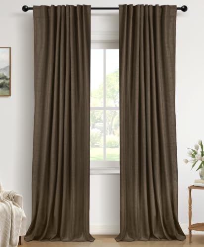 Image of 100% Blackout Shield Dark Brown Linen Blackout Curtains for Bedroom 102 Inches Long, Back Tab /Rod Pocket Living Room Drapes, Thermal Insulated Blackout Curtains 2 Panels Set, 50 inch W x 102 inch L