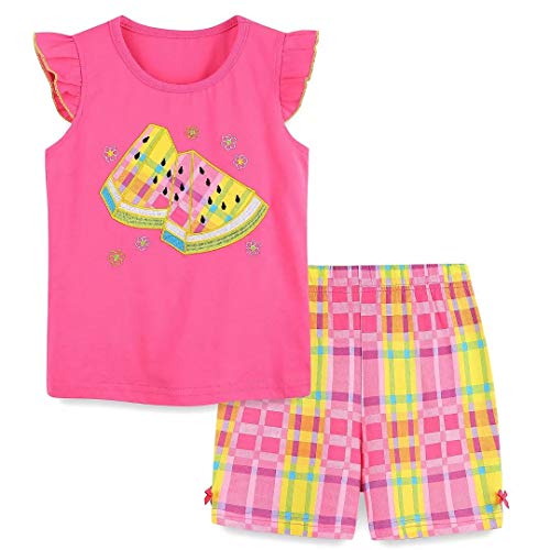 Little Girl's Summer Clothes,Cotton Watermelon Short Sleeve T-Shirt and Shorts Outfit Set Raspberry Size 6