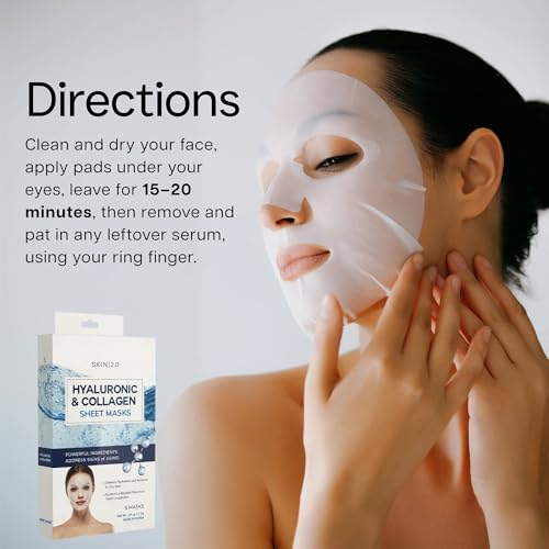 Image of Skin 2.0 Hyaluronic Acid & Collagen Sheet Mask - Hydrating, Anti-Aging, Firming - Dermatologist Tested Korean Skincare - Clean Beauty, Natural Ingredients, Cruelty-Free, All Skin Types - 10 Count