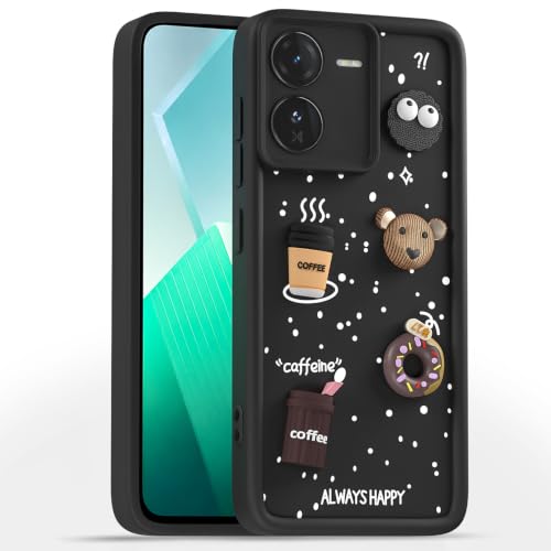 Image of Pikkme Back Cover for iQOO Z9 5G | 3D Bear Silicone Cute & Fun Coffee Cartoon | Full Body Protection Bumper Case (Black)