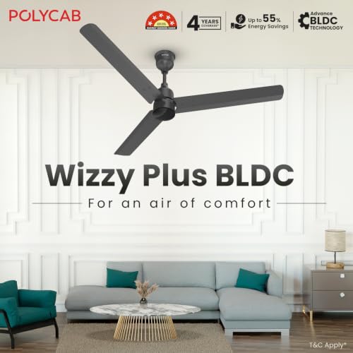 Image of Polycab Wizzy Plus 1200mm 5-Star BLDC, Remote Ceiling fan for Living Room| 55% Energy Saving, High Air Delivery | 3+1 yr Warranty【Matt Black】
