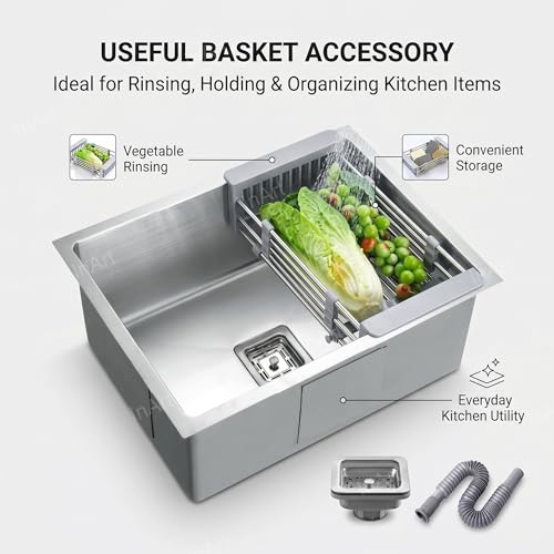 Image of InArt 304 Grade Stainless Steel Single Bowl Handmade Kitchen Sink 2mm Thickness High Grade Stainless Steel with Coupling and Fruit Basket (21 inch X 18 inch X 9 inch Inches)