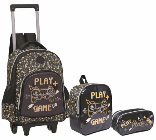 Kit Mochila de rodinha 3D PLAY GAME Escolar 2025 com Lancheira Térmica e Estojo Duplo (PRETO)