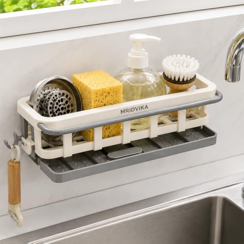 Image of Two Tone Hanging Drain Rack | Retractable Storage Rack | Sponge Drain Tray | Kitchen /Bathroom Sink Tray with Drying Basket | Kitchen Storage Organizer