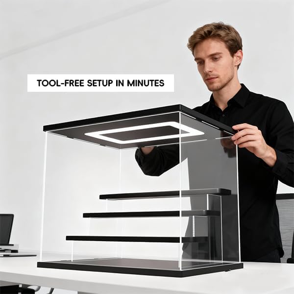 Clear Acrylic Display Case with LED Light, 4 Tier Dustproof Showcase for Collectibles, Figures & Model Cars, Stackable Display Box (White, 12x8x11 in)