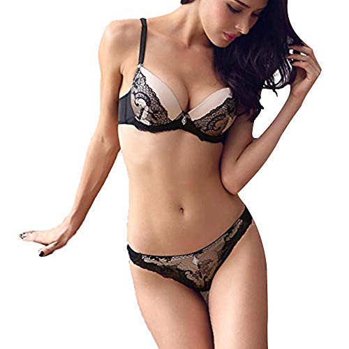 Women's Plus Up Bra and Panty Set Sexy Lace Lingerie and Thongs Underwire Lightly Lined Bra Set (Black, 40B)