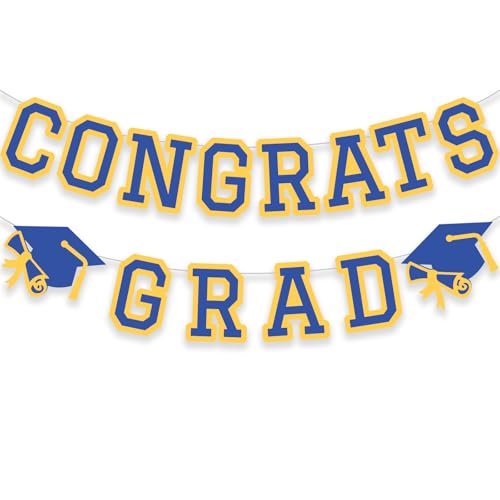 Image of Congrats Grad Banner Graduation Party Banner Decoration Hanging Garland High School College Backdrop Supplies Blue Yellow
