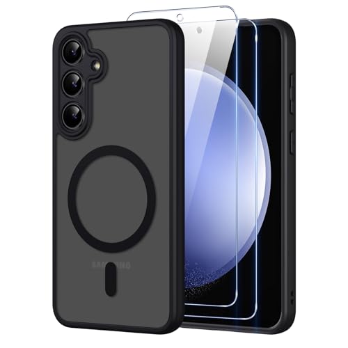 Pnakqil Magnetisch für Samsung Galaxy S23 FE Hülle für Magsafe Matt Transluzente Handyhülle für Samsung Galaxy S23 FE mit 2 Panzer Schutz Glas PC Härte Kratzfest Matte Dünn Magnetische Case Schwarz