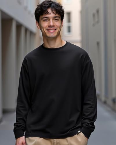 Image of Bewakoof Men's Solid Black Round Neck Full Sleeve Oversized T-Shirt