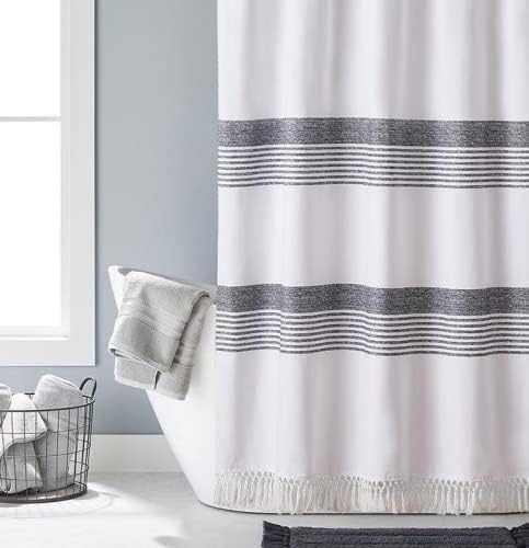 Miniatura 3 de Artisyne Cortina de ducha moderna blanca con borlas, rayas negras carbón simple en tela blanca, cortina de ducha de lujo 100% algodón, decoración de