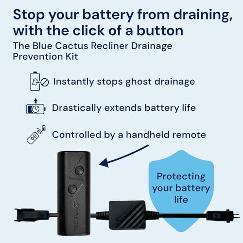 Image of Blue Cactus Drainage Prevention Kit for Recliner Batteries | Extends Battery Life - Kill Switch to Stop Ghost Drainage - Convenient Remote Control - For Chairs that Draw Power 24 /7