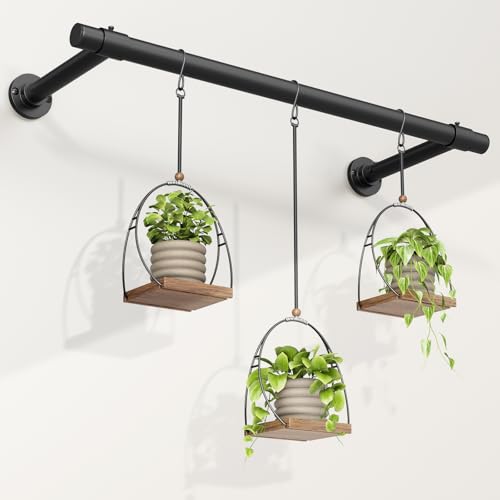 Mogaath Window Plant Hanger Indoor, 32 Inch Heavy Duty Plant Hanging Rod, 1 Inch Metal Hanging Plant Holder for Window Wall, Matte Black Round Flange Base, Pot Not Included
