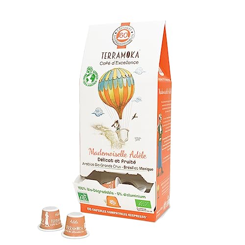 TERRAMOKA 60 Capsulas Café Orgánico Premium 100% Arábica Puro de Brasil y México - Compatible con máquinas Nespresso - Delicado, fino y afrutado - Cero Residuos - Tostado en Francia