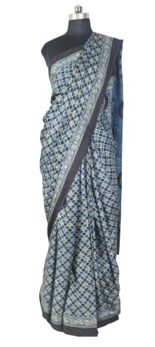 Image of Ethnics of Kutch Womenss Ajrakh Modal Silk Natural Dye Hand Block Print Saree with Blouse Piece - 5.5 Mtr Length