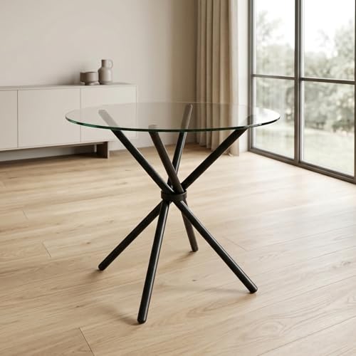 Image of Round Glass Dining Table 30 Inch Diameter with 10 mm Toughened Clear Glass Top Folding Stainless Steel Grade 202 Frame Compact Table for Kitchen Dining Room Balcony Cafe (Black Powder Coated)