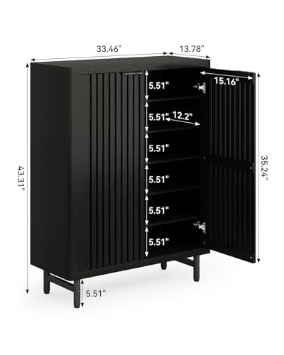 LITTLE TREE 6-Tier Shoe Cabinet with Doors for Up to 24 Pairs, Large Wooden Shoe Storage Cabinet with Adjustable Shelves, Black Freestanding Shoe Organizer Cabinet for Entryway, Hallway