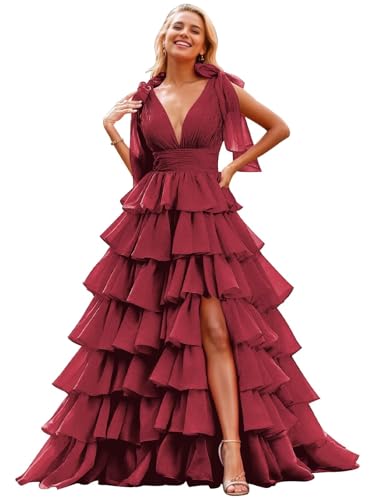 Image of TORYEMY Tiered Tulle Prom Dress Long Ball Gown Deep V Neck Formal Evening Dresses with Slit Ruched for Women