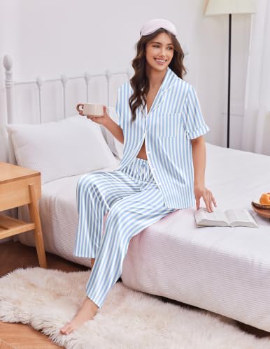 Image of Ekouaer Silk Satin Pajamas for Women Set 2 Piece Short Sleeve Button Up Pjs