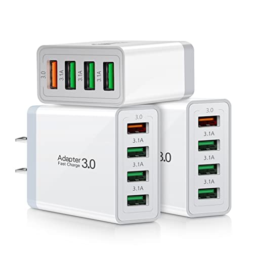 iSeekerKit 3-Pack 4Ports 3.0 USB Wall Charger Adapter, Fast Charging Block, Compatible for Samsung Galaxy S10 S9 S8/Note 8 9, iPhone, Pad, Wireless Charger, Tablet and More
