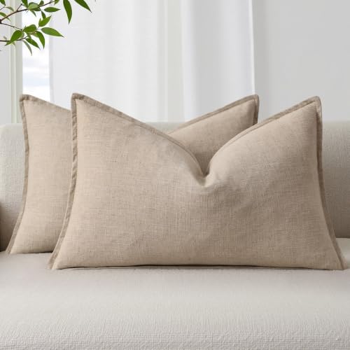 Image of decorUhome Decorative Linen Throw Pillow Covers 12x20 Inch Set of 2 Natural Linen Lumbar Neutral Pillow Covers with Flange Edges Soft Farmhouse Boho Accent Pillow Cases for Couch Bed Living Room
