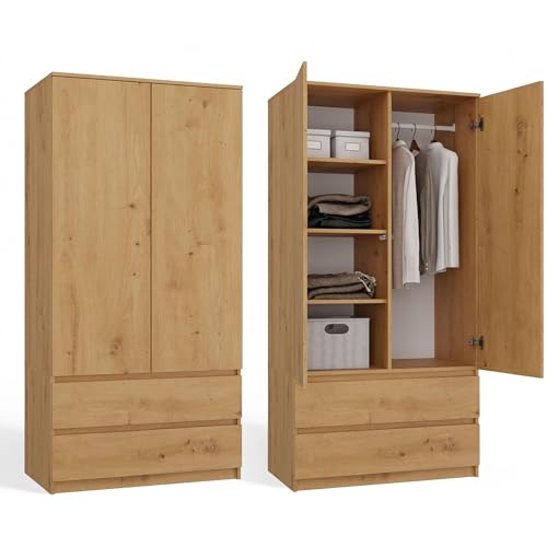 CDF Kleiderschrank 90 cm Breit Kinderkleiderschrank Zweitüriger Kleiderschrank 2 Schubladen 4 Regalen Einer Kleiderstange Schlafzimmer Laminierte Platte 16mm Mehrzweckschrank Eiche Artisan
