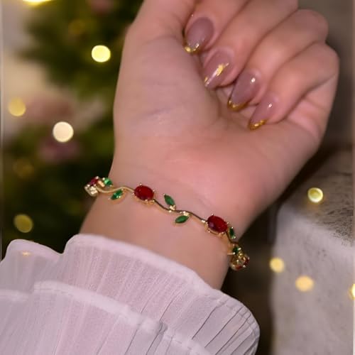 Image of Inites Fairy Bloom Floral Tulip Bracelet With Red Green Crystal Stones For Girls & Women | Elegant Anti Tarnish Golden Chain Link Floral Branches Bracelet Lightweight Jewelry For Daily Wear & Gifts