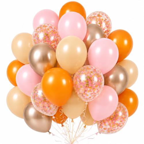 Image of Fall Balloons 55pcs, Thanksgiving Orange Pink Gold Confetti Balloons Set | Fall Color Orange Nude Pink Metallic Gold Balloons for Friendsgiving Little Pumpkin Baby Shower Autumn Harvest Birthday Decor