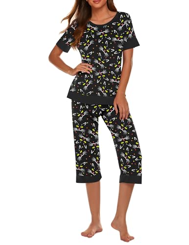 Ekouaer Women's Pajama Sets Short Sleeve Sleepwear Round Neck Pj Loungewear Top and Capri Pants with Pockets2