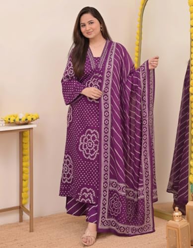 Image of Klosia Women Pure Cotton Kurta Pant Set with Dupatta | Bandhani Print Kurta Sets for Women | Comfortable Suit Sets|Regular Fit