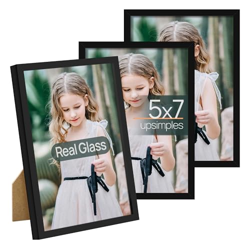 upsimples 5x7 Picture Frame Set of 3, Made of High Definition Glass for 5 x 7 Black Frames, Wall and Tabletop Display Thin Border Photo Frame for Home Décor