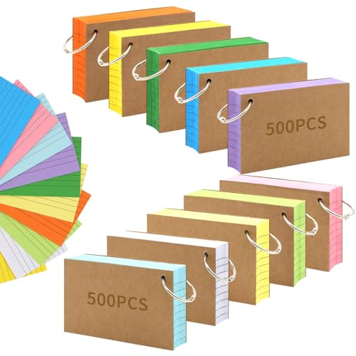 1000 PCS Index Cards 3x5 Inches with Ring Colored Lined Flashcards Ruled Study Note Cards Heavy Duty Punched Notecards for School College Office Learning Revision Memory and Test Preparation
