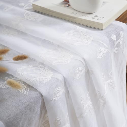 Image of White Sheer Curtains Embroidery 63 Inch Length Rod Pocket Voile Drapes for Living room, Bedroom, Window Treatments Semi Flower Pattern Curtain Panels for Kitchen, Yard, Farmhouse, Set of 2, 52 inchx 63 inch.