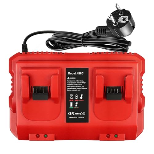 Ersatz Ladegerät Kompatibel mit Milwaukee M18 Akku 14.4V-18V 4A Dual Port Schnellladegerät mit LED-Anzeige für Ladeprozess & Akku-Status Multi-Ladegerät mit Zwei Anschlüssen