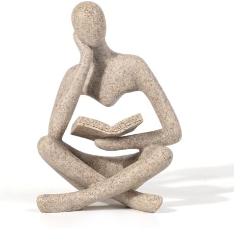 Bookshelf Decor Home Decor - Abstract Thinker Sculpture Figurine Statue, Resin Modern Reading Sculpture for Office Desk, Coffee Table, Library, Living Room Decor (Beige)