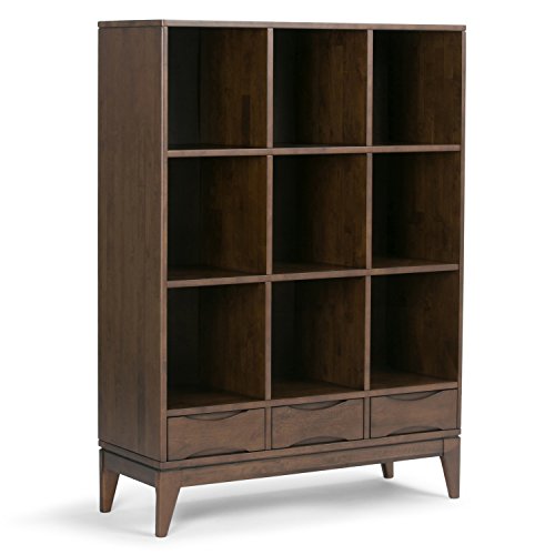 SIMPLIHOME Harper Bookcase - 58 inch Tall Solid Wood Cube Organizer with Drawers in Walnut Brown, Mid-Century Modern Storage for Living Room, Study or Office with Tapered Legs and Open Cubbies