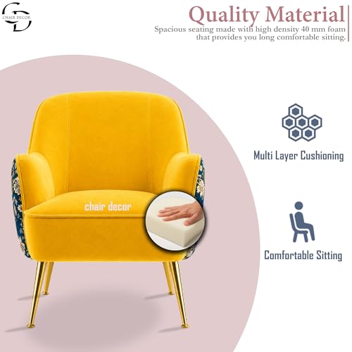 Image of Accent Chair with Ottoman | Modern Velvet Lounge Chair with Floral Designer Back | Upholstered Armchair for Living Room, Bedroom & Cafe | Golden Legs (Yellow Floral)