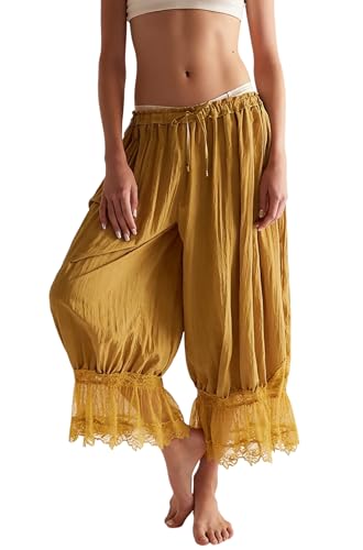 Image of NUFIWI Women Ruffle Long Bloomer Y2k Lace Trim Pettipants Pantaloons Mid Rise Cropped Pajama Pants Under Dress Slips