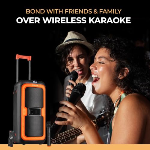 Image of OBAGE 100W Party Speaker with Wireless Karaoke Mic | Dual 8 inch Drivers & 2.5 inch Tweeter | 8000mAh Battery with Up to 8 Hours Playtime | Bluetooth v5.3, Digital EQ