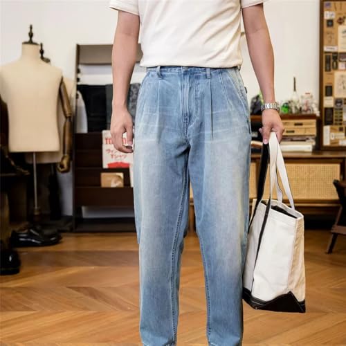 Men’S Vintage Loose Fit Two Tuck Denim Trousers Zipper Fly High Waist Midweight Washed Workwear Full Length Daily4