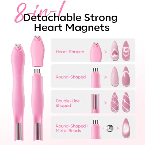 Image of modelones Cat Eye Magnet Set, Heart French Cateye Gel Polish Nail Tools Kit Dual-Head 5 IN 1 Magnets Pen Heart Round Flower Glassy Moon Multi Effect Nail Art Designs Home DIY Salon Use