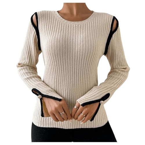 Image of SweatyRocks Women's Cutout Crewneck Long Sleeve Tops 2025 Fall Basic Knitted Ribbed Pullover Sweater