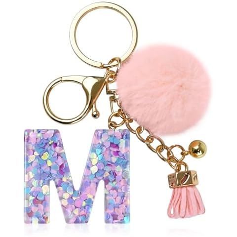 Xqiang Initial Keychain Accessories for Girls, Pink Pom Pom Letter Keychains, Fur Ball Key Chain for Backpack, Bag, Purse (M) Cover