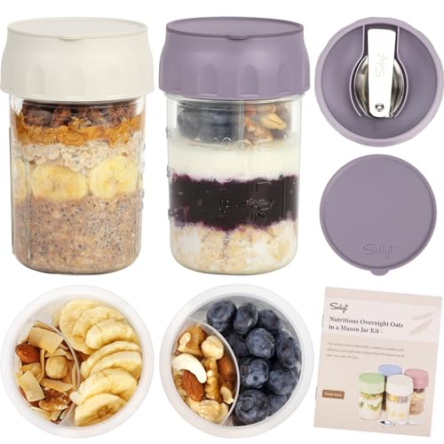 Image of SOLIGT 2 Pack Overnight Oats Containers with Lids (Oat White /Purple) | Folding Spoons and Divided Compartments for Fruit&Nuts, Small Glass 16oz Mason Jars for Oatmeal Yogurt Parfait